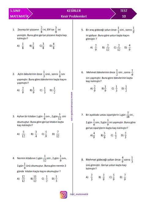 Sinif Kes R Problemler Test Matematik