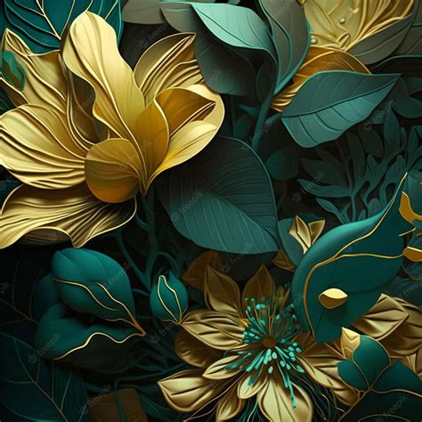 Premium Photo Teal And Goldenfantasy Flower Illustration For Prints Wall Art Cover And