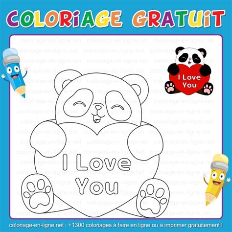 Coloriage I LOVE YOU panda avec un gros cœur rouge Coloriage à