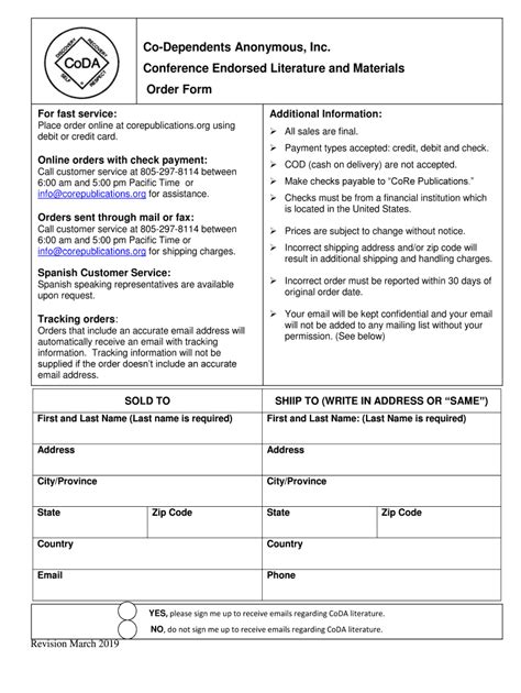 Fillable Online Coda Literature Order Form Core Publications Fax