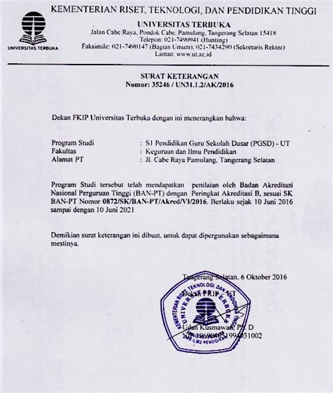 Contoh Surat Keterangan Akreditasi Dari Ban Pt Materi Belajar