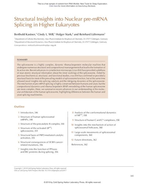 PDF Structural Insights Into Nuclear Pre MRNA Splicing In