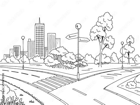 Street road graphic black white city landscape sketch illustration ...