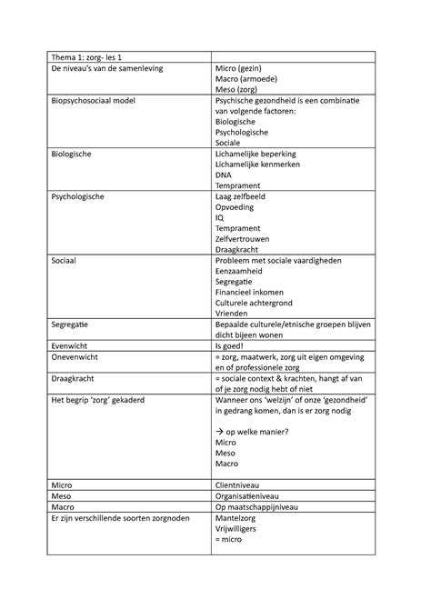 Zorg Samenvatting Thema Zorg Les De Niveaus Van De