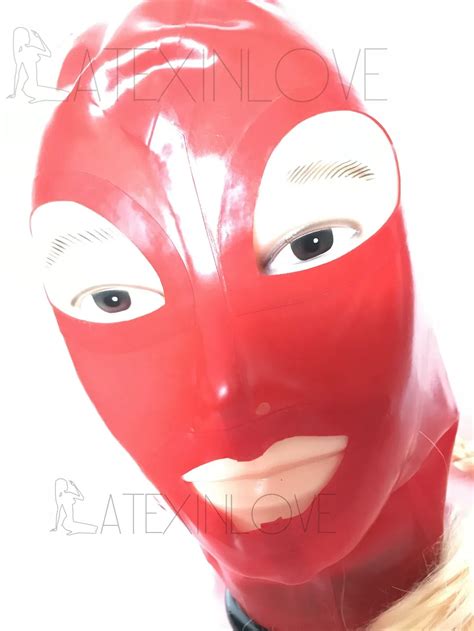 Sexy Red Natural Latex Fetish Rubber Mask Hood Open Eyes Open Mouth With Back Zipper In Boys