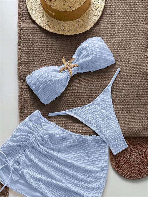 Swim Vcay Women S Summer Beach Textured Halter Bikini Starfish Swimsuit 3pcs Set Sexy For