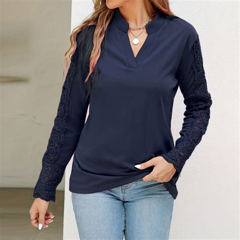 Womens Long Sleeve Lace V Neck Shirt Bloue Ladies Casual Loose Work