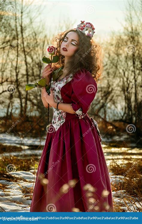 Beautiful Girl In Vintage Red Dress With A Rose Stock Photo Image Of