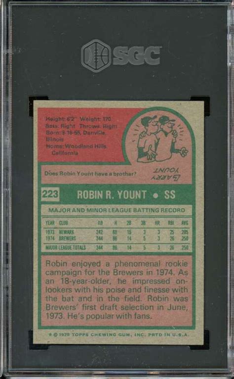 1975 Topps 223 Robin Yount RC Rookie Brewers HOF SGC 6 5 EX NM EBay