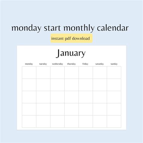 Blank Monthly Calendar Printable Monday Start