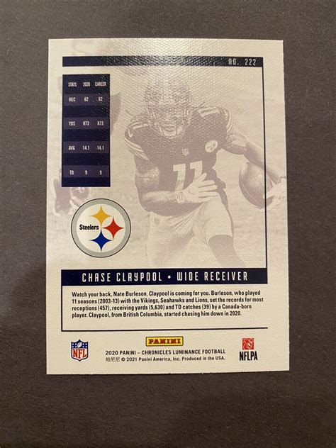 2020 Panini Chronicles Luminance Chase Claypool Rookie RC 222 Steelers