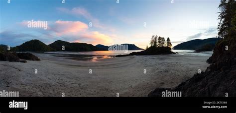 Sandy Beach On Pacific Ocean Coast Panoramic View Sunset Sky San