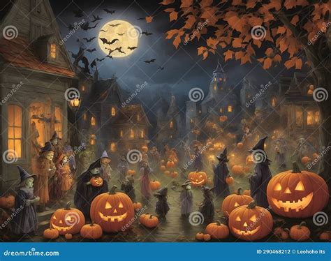 Creepy Halloween Night Scene With Witches Haunted Houses Bats Jack O