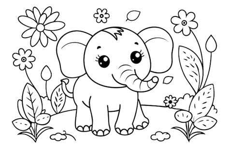 Un Dibujo De Una Página Para Colorear De Un Elefante Lindo Con Algunas Flores Vector Premium