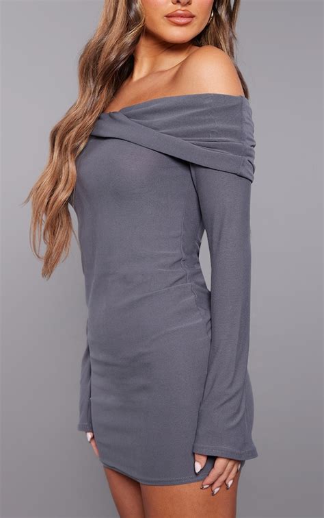 Grey Soft Touch Twist Bardot Bodycon Dress Dresses Prettylittlething