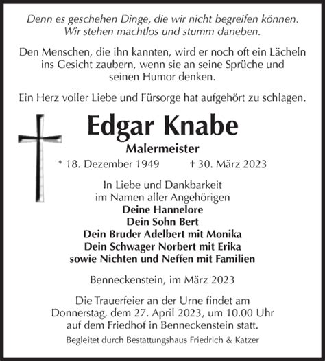 Traueranzeigen Von Edgar Knabe Abschied Nehmen De