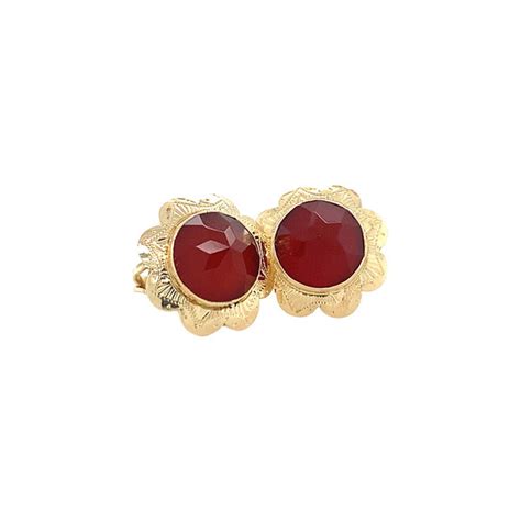 Gold Ear Studs With Carnelian 14 Krt Vintage Jewellery