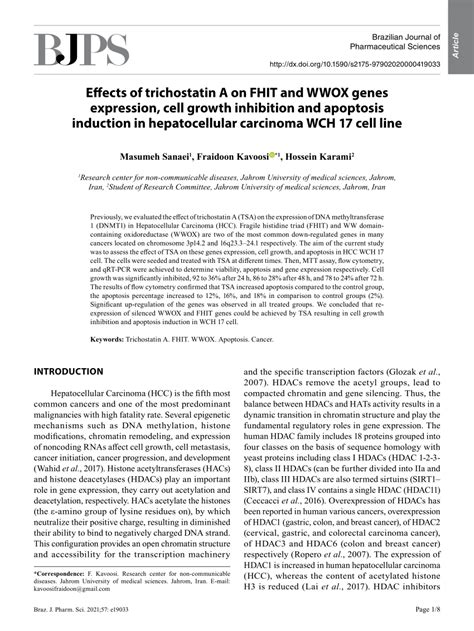 PDF Effects Of Trichostatin A On FHIT And WWOX Genes Expression Cell