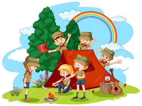 Premium Vector Camping Kids In Cartoon Style