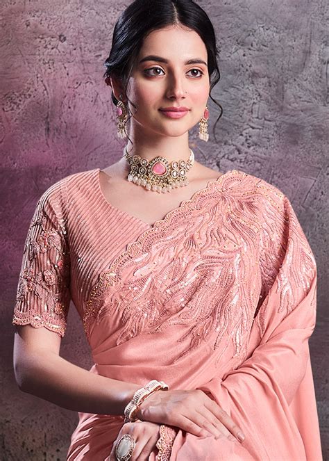 Shimmer Crepe Silk Saree With Blouse In Peach Color