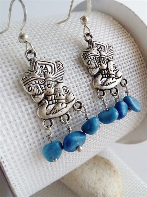 Blue Fossil Beads Mayan Earrings Blue Mexican Earrings Taxco Etsy