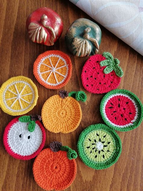 Crochet Fruits Car Coaster Apple Mandarin Lemon Watermelon