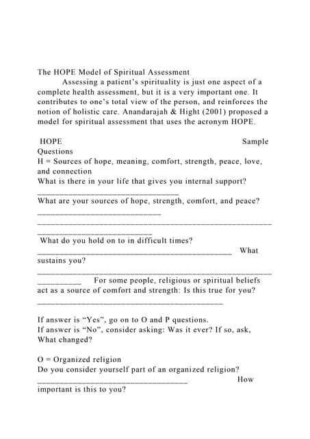 The Hope Model Of Spiritual Assessment Assessing A Padocx