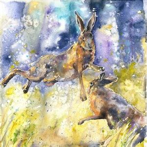 BOXING HARES PAINTING Original Watercolour Print Naomi - Etsy