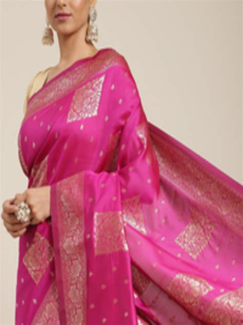 Buy Mitera Pink Golden Ethnic Motifs Zari Silk Blend Banarasi Saree