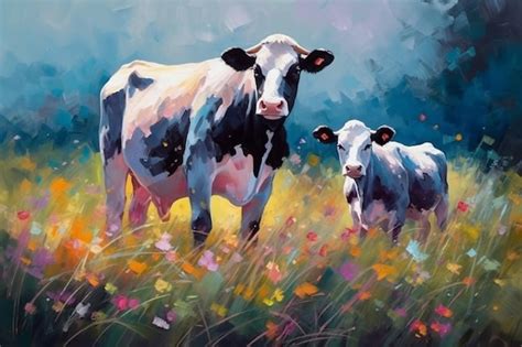 Premium AI Image | A painting of a cow and her calf