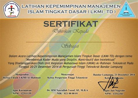 Contoh Sertifikat Organisasi Gawe Cv