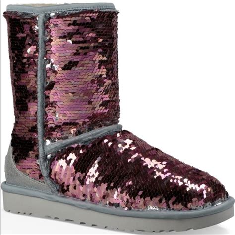 Ugg Shoes Ugg Women Classic Short Sequin Sparkle Boots Silver Pink Reversible Size 6 7 8 9