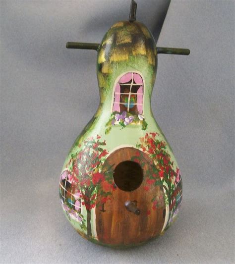 Houseofgourds On Etsy Hand Painted Green Cottage Birdhouse Gourd By