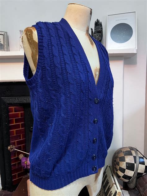 Vintage Royal Blue Cardigan Sleeveless Cardigan Navy Blue Knit Cardigan Vintage Knitwear