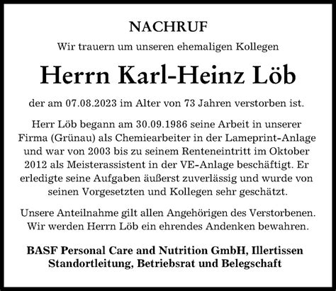 Traueranzeigen von Karl Heinz Löb Augsburger Allgemeine Zeitung