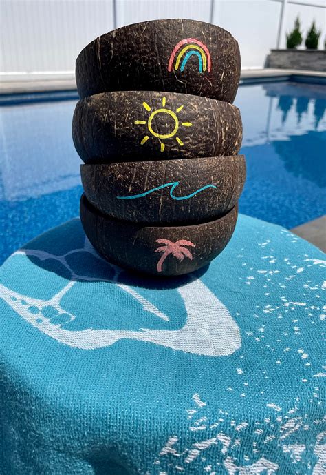 Set Of Four Hand Painted Coconut Bowls Wave Sunshine Palm Tree And