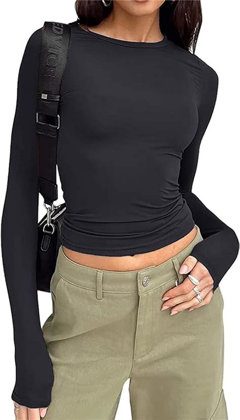 Women S Slim Fit Crop Tops Casual Solid Color Crew Neck Long Sleeve