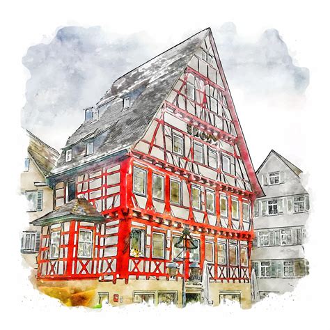 Markgroningen Germany Watercolor Sketch Hand Drawn Illustration