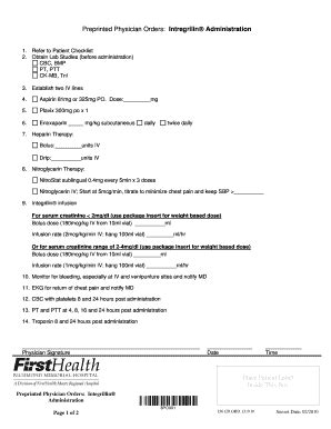 Fillable Online RMH Preprinted Physician Orders Intregrilin