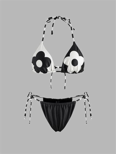 Conjunto De Bikini Triangular Con Rayas Florales Cider