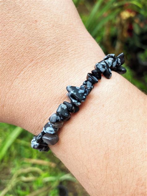 Pulseira De Cascalho Obsidiana Floco De Neve Elo