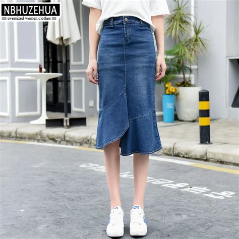 Nbhuzehua G3050 Womens High Waist Denim Skirts Knee Length Sexy Women Skirt Plus Size Ruffles