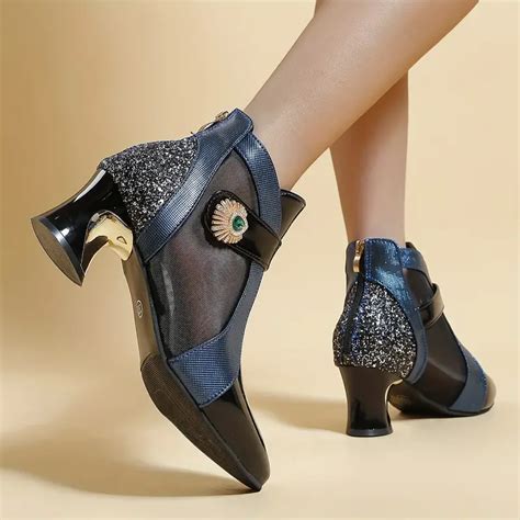 Womens Rhinestone Mesh Ankle Boots Elegant Heel Pointed Toe Temu