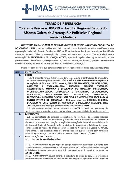 PDF TERMO DE REFERÊNCIA Coleta de Preços n 004 19 Hospital 1 1