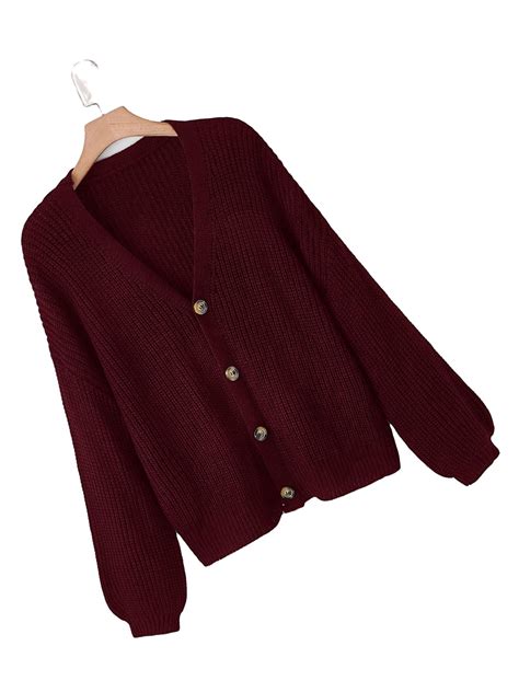 Casual Plain V Neck Cardigan Long Sleeve Maroon Plus Size Cardigans Women S Plus