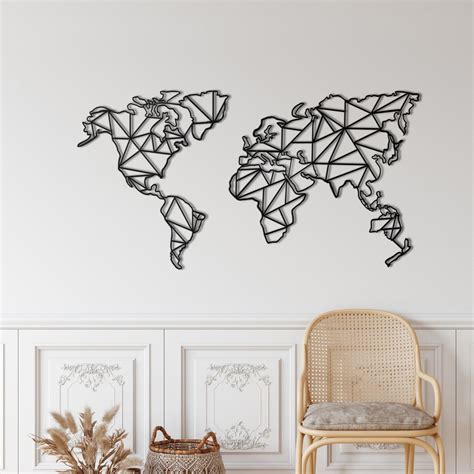 Metal World Map Wall Art, Metal Wall Decor, 2 Pieces Geometric World ...