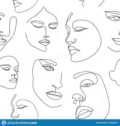 Vector Seamless Pattern Continuous Line Art With Woman Face Linear