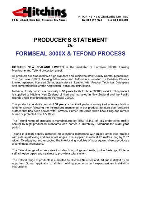 Producer S Statement Formseal X Tefond Process Hitchins