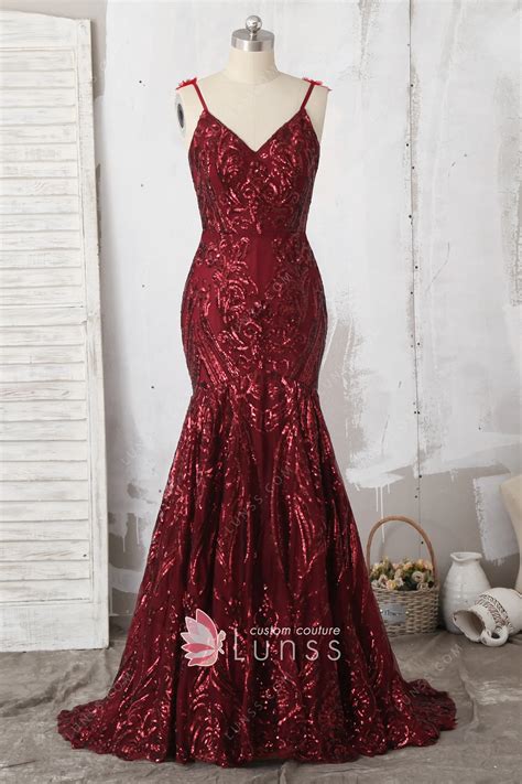 Flower Embellished Burgundy Sequin Mermaid Prom Dress Lunss