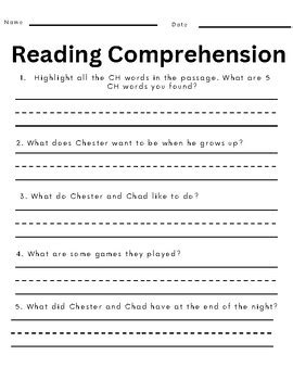 CH Digraph Reading Comprehension Passage By Teaching With Justyna